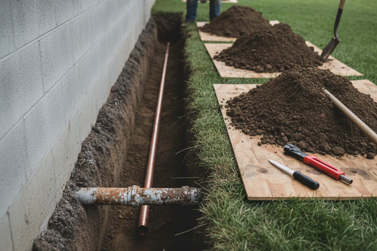 Excavated water line trench during Sewer Line Repair in Ione